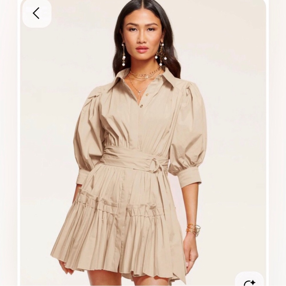 Ramy Brook Dash Puff Sleeve Belted Mini Shirt Dress Beige Size 4
